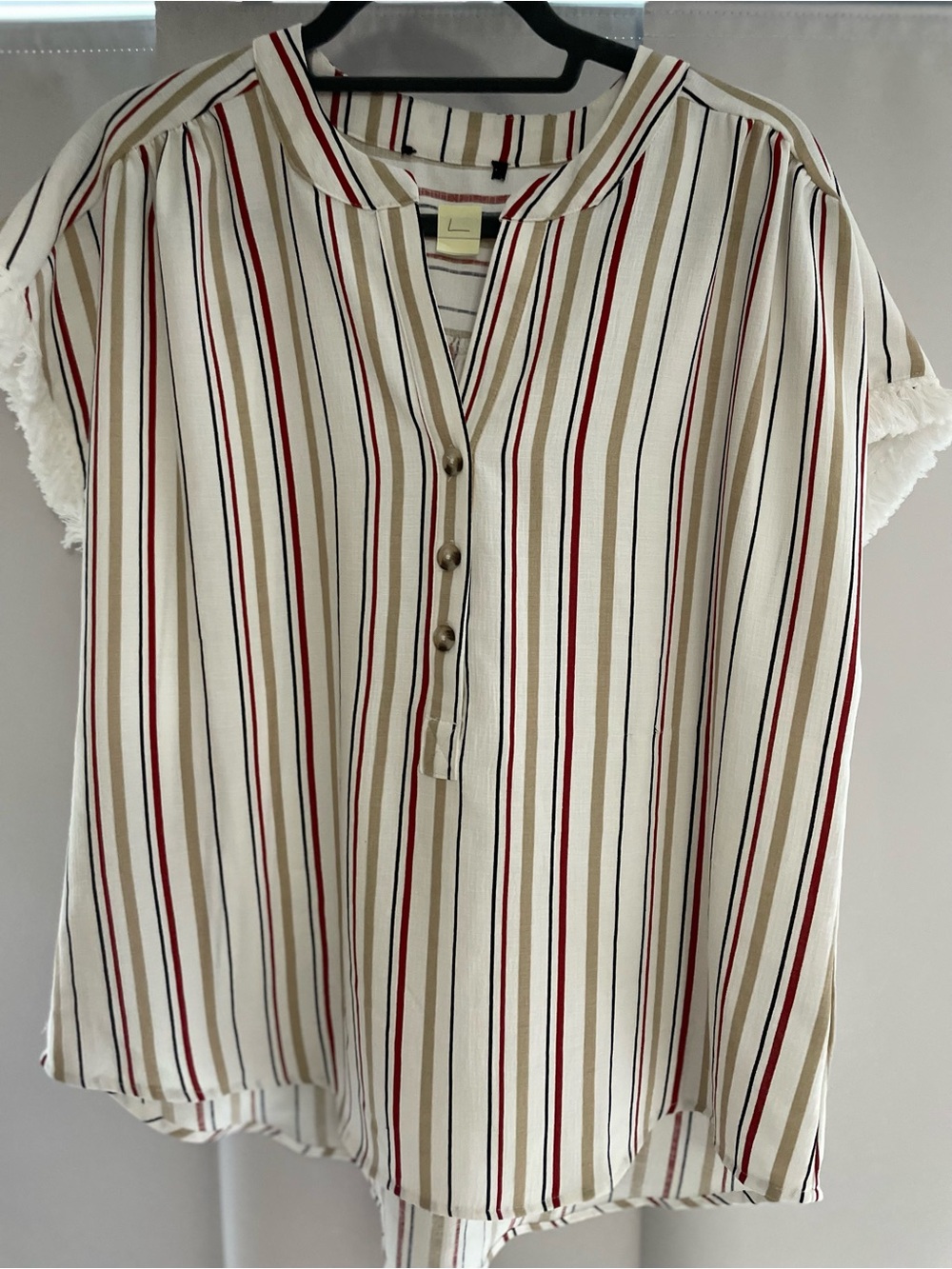 Women’s Striped Short Sleeve Button-Front Top - Cream with Red & navy Stripes
